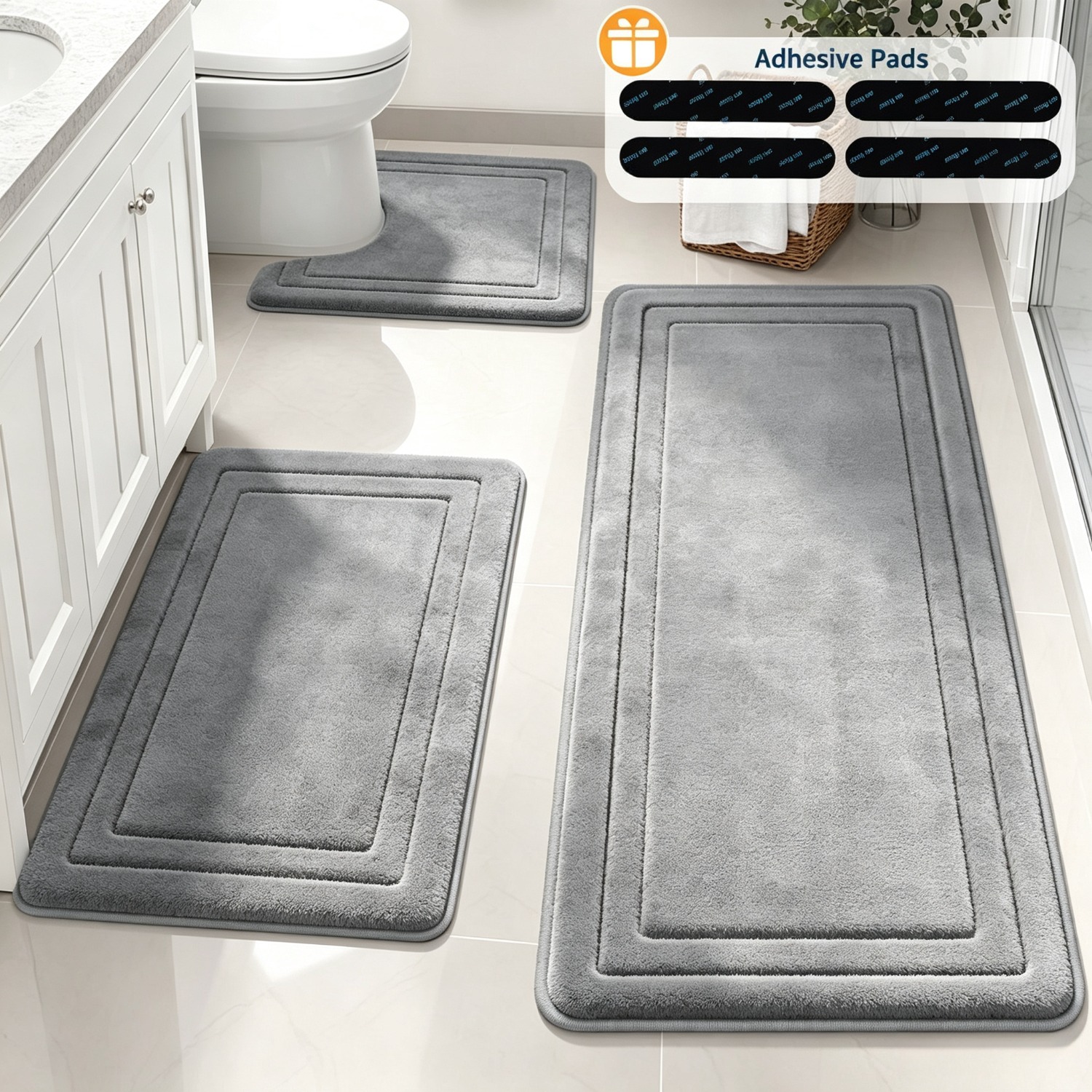 Image of 3pcs 35d Bathroom Mat Set + Anti-slip Sticker Set - Super Absorbent Anti-slip Shower Mat, Thick And Soft Bathtub Floor Mat, Suitable For Bathtubs, Showers, Bathrooms - Areas And Modern Bathroom Decor