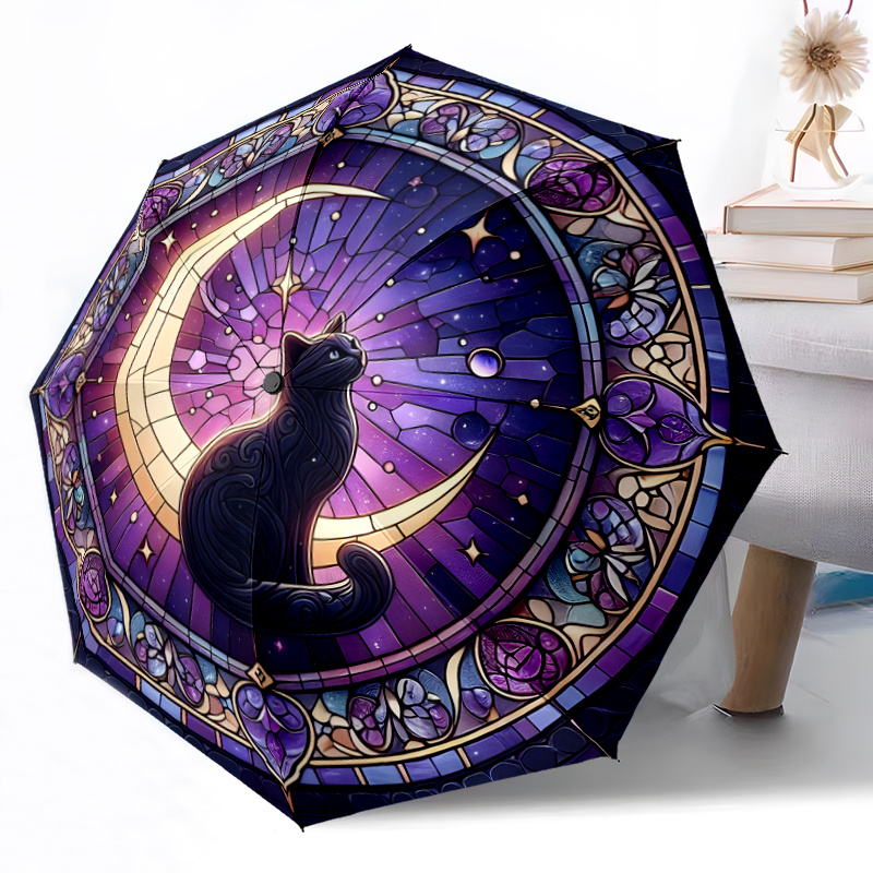 Image of 1pc Automatic Opening/closing Windproof Umbrella With Stained Glass Black Cat & Design - Automatic Folding/, Lightweight Portable For , Cute & Elegant For Halloween/christmas Gift, Daily Use (8-rib)