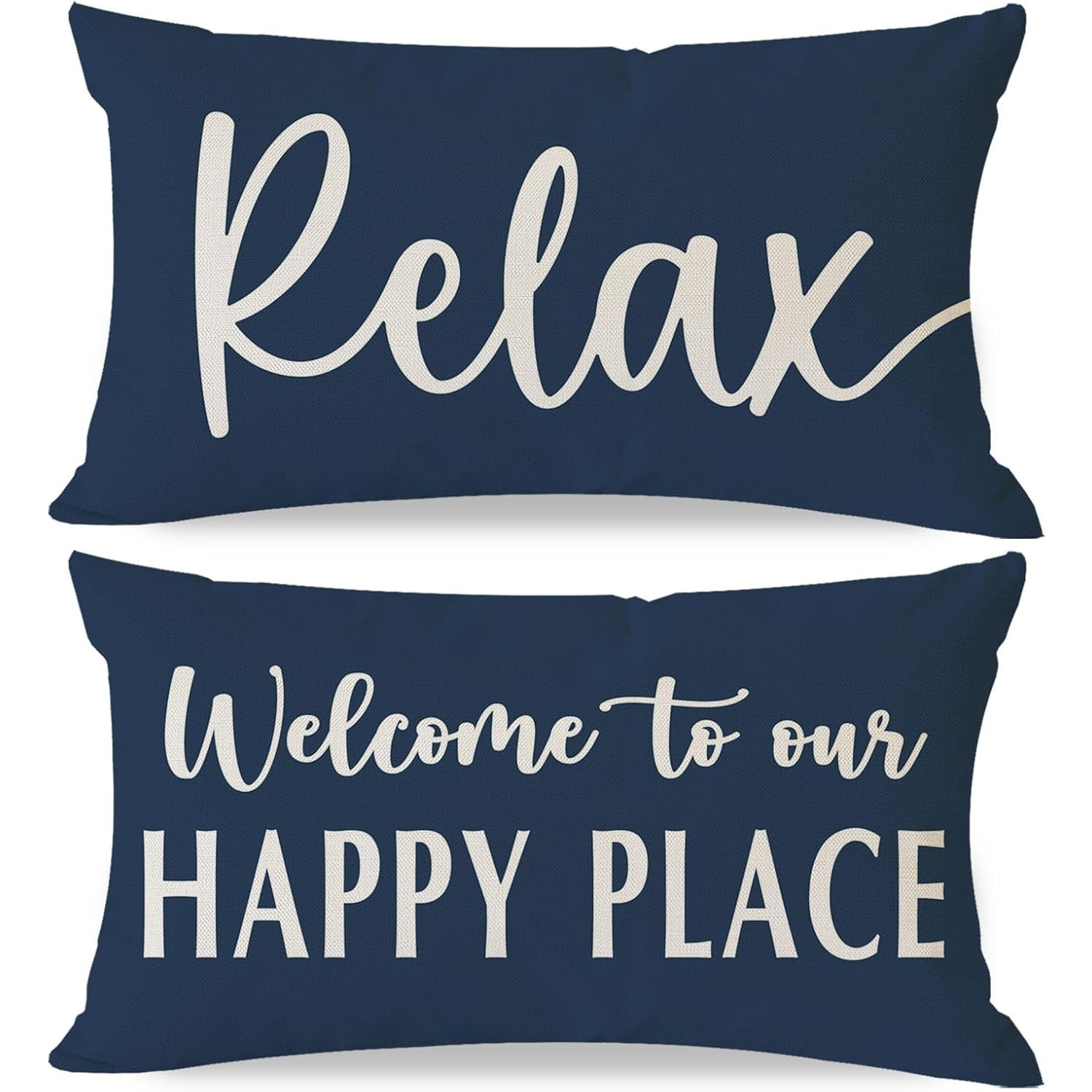TEMU 2pcs Welcome To Our Happy Relax Decorative Throw Pillow Covers 12x20 Set Of 2 Navy Blue Outdoor Rustic Farmhouse Porch Decor Lumbar Cushion Case
