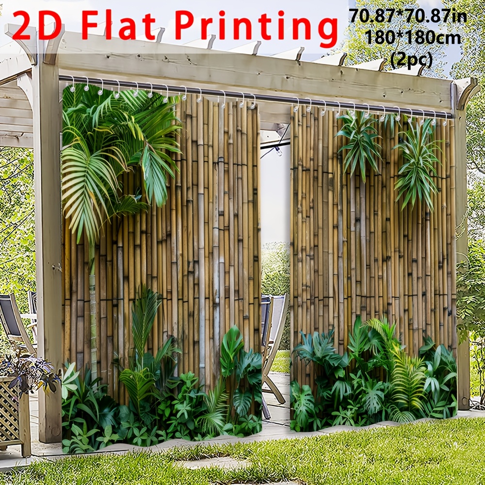 2pcs 2d flat printing outdoor curtains plump green tropical plants rustic bamboo wall garden curtains blackout curtains suitable for courtyard gardens outdoor         patios  