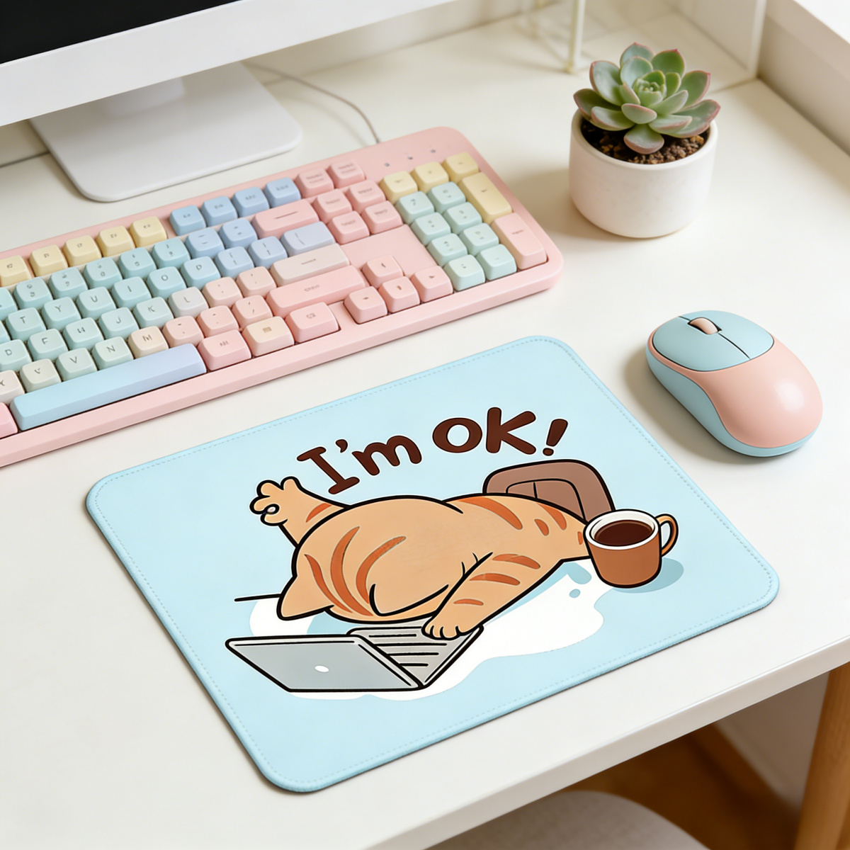 TEMU Adorable Cat-themed Mouse Pad, Available In Square And Round Shapes For Office And Gaming Use, Featuring Stitched Edges And A Non-slip Rubber
