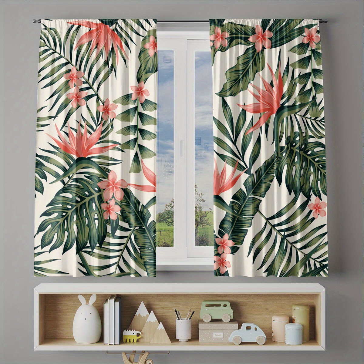 TEMU 2pcs Curtain Fabrics Tropical Bird Of Paradise & Plumeria Flower Print Curtainsinsulation Blackout Curtains For Bedroom Kitchen Bedroom Living