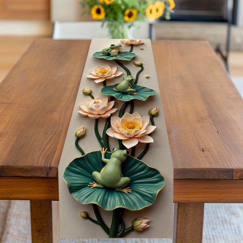 TEMU 1pc Table Decoration For Home And Kitchen Featuring Charming Frogs On Lotus Pads And Blooming Lotus Flowers, Summer Dining