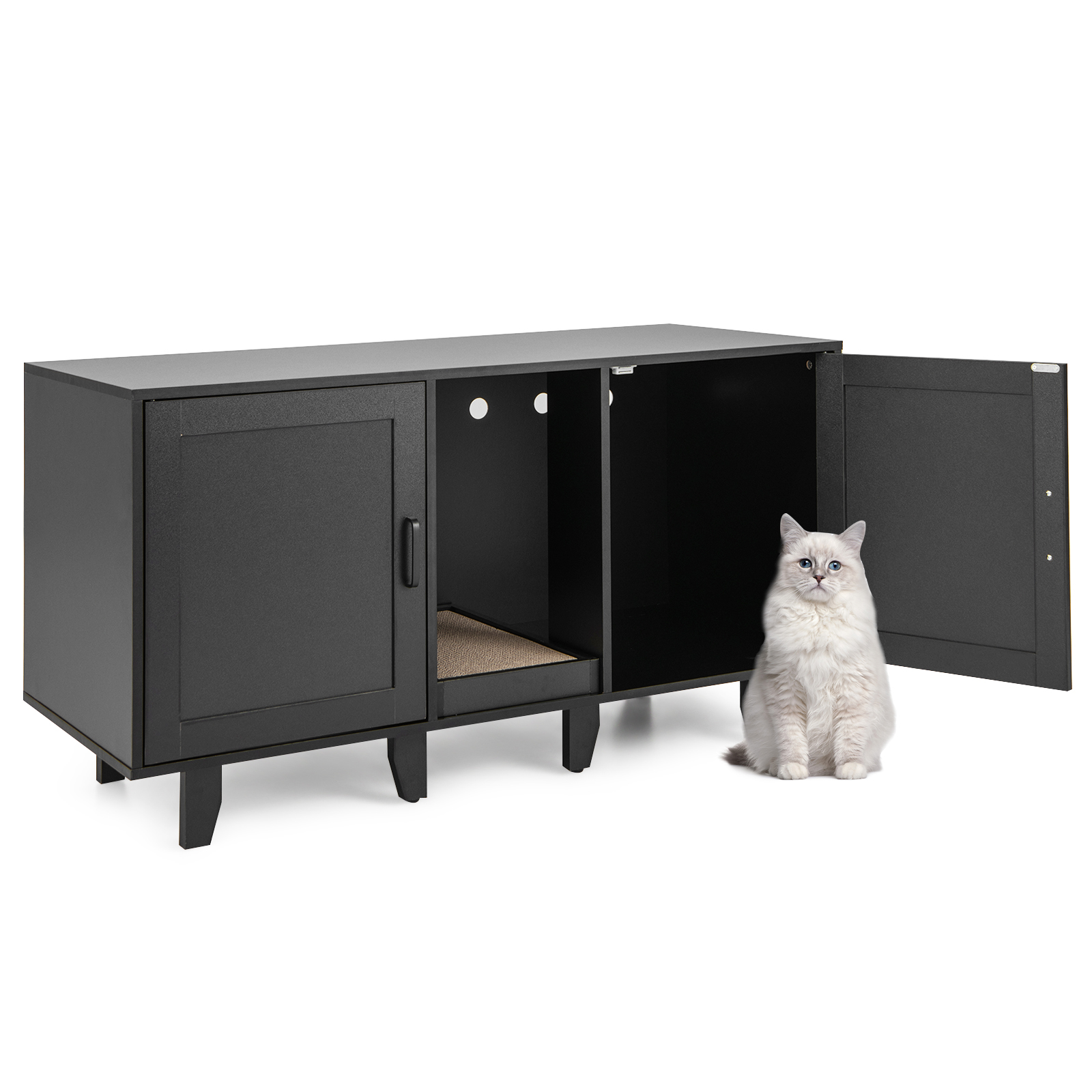 Image of 3-in-1 Cat Litter Box Enclosure, 2-door Furniture, Hidden Cat Washroom With Detachable Legs & Removable Cat Scratching Board