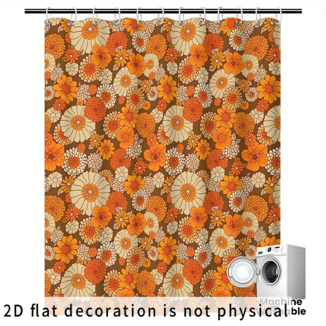 TEMU 2d Flat, 2d Flat, 2d Curtain 1pc, Retro 70s Floral Pattern Shower Curtain, Orange-brown Vintage Plant Style Bathroom Decor Non-floating Shower