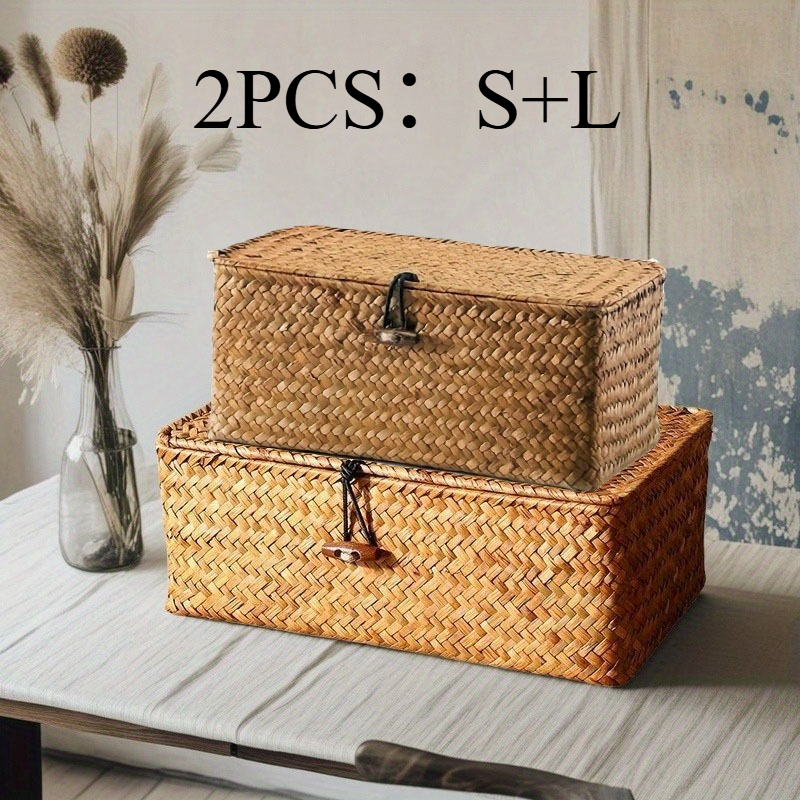 Image of 2pcs/set (s+l) Vintage Handmade Woven Storage Basket, Gift Storage Box, Office Desk Miscellaneous Storage Box, Home Woven Storage Basket With , Souvenir Gift Box With Hand Gift Box, Shelf Baskets