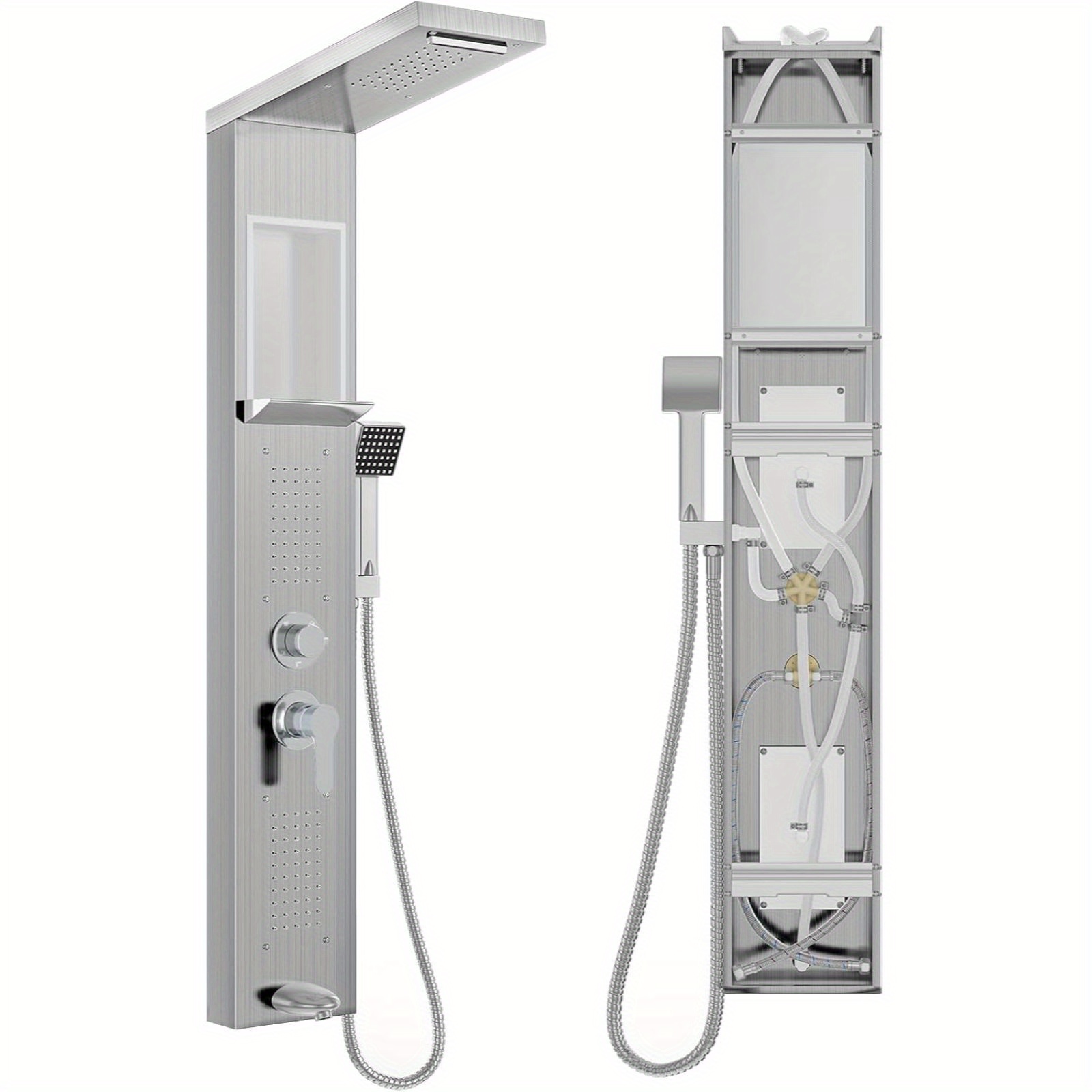 Shower Panel With Faucet, 5in 1 Shower System With Built-in Shelf Multifunctional Shower Set . Hand Shower Waterfall Shower Rain Shower Tap, 304 Stainless Steel Shower Set