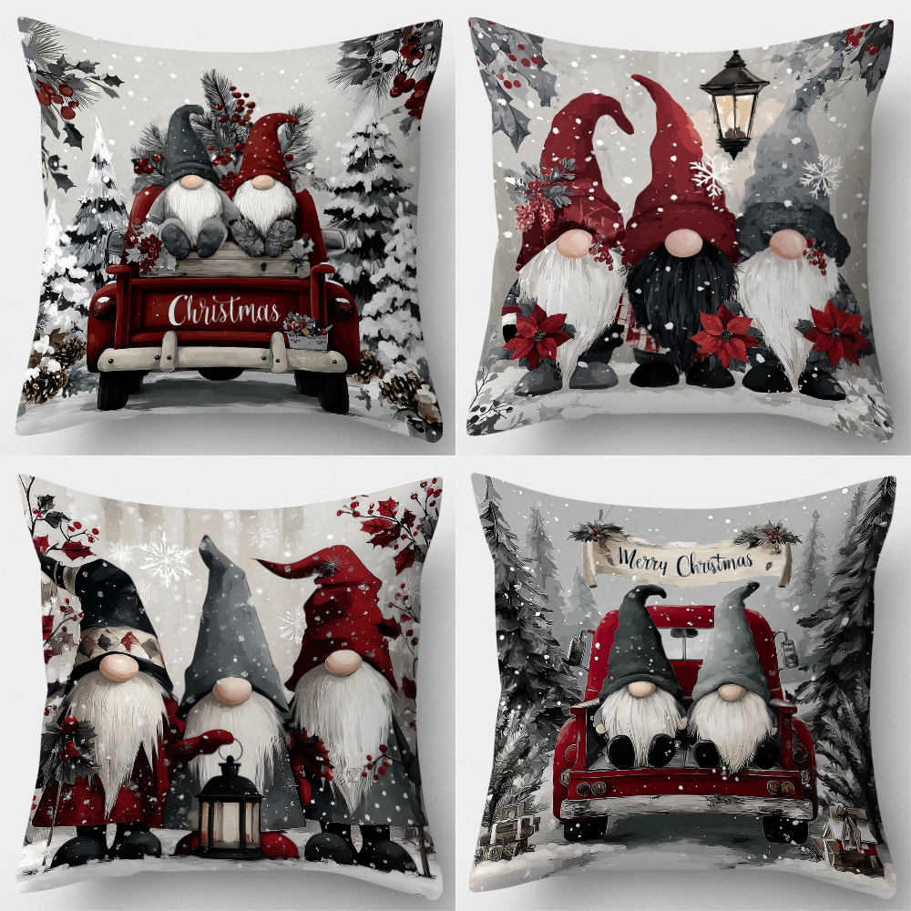 4pcs Set Christmas Pillow Cover Christmas Elf Pillowcase 17.7 Inches * 17.7 Inches Single-sided Print Christmas Decoration Sofa Lumbar Support Cover Pillow Cover Without Pillow Core