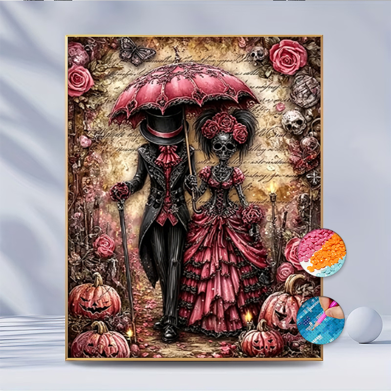 TEMU 1 Set Kit de Peinture Diamant Couple Crâne Gothique Halloween, Kit de Peinture Diamant 5D pour Adultes, Convient aux Débutants, Mosaïque de