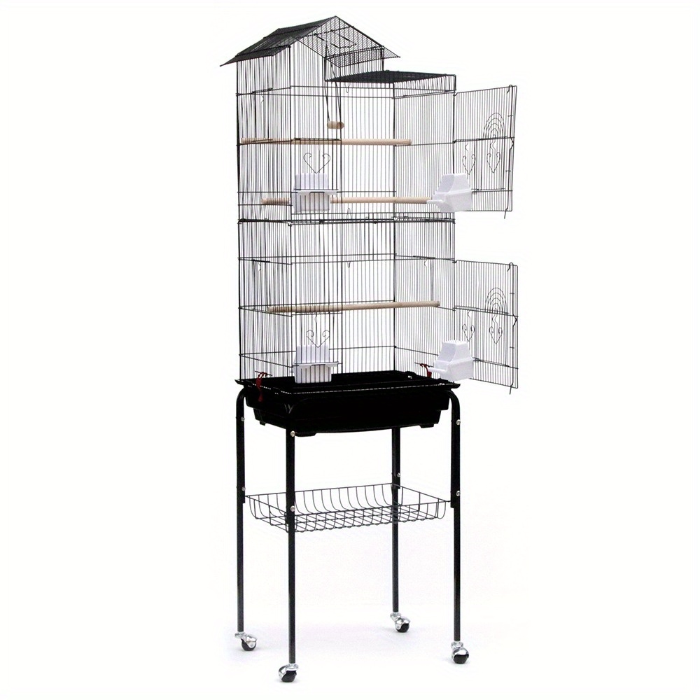 Image of 46*35.5*158.5cm Wire Bird Cage With 4 Casters + Roof Type, Bird Cage With Sturdy Handle And Universal Wheels, Black