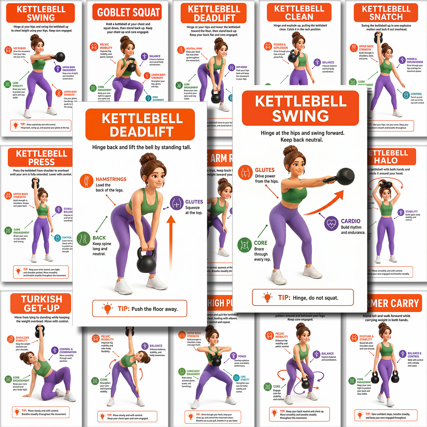 TEMU 20 tarjetas de entrenamiento con kettlebell, tarjetas de ejercicios con ilustraciones, guía de y condicionamiento físico, ejercicios de
