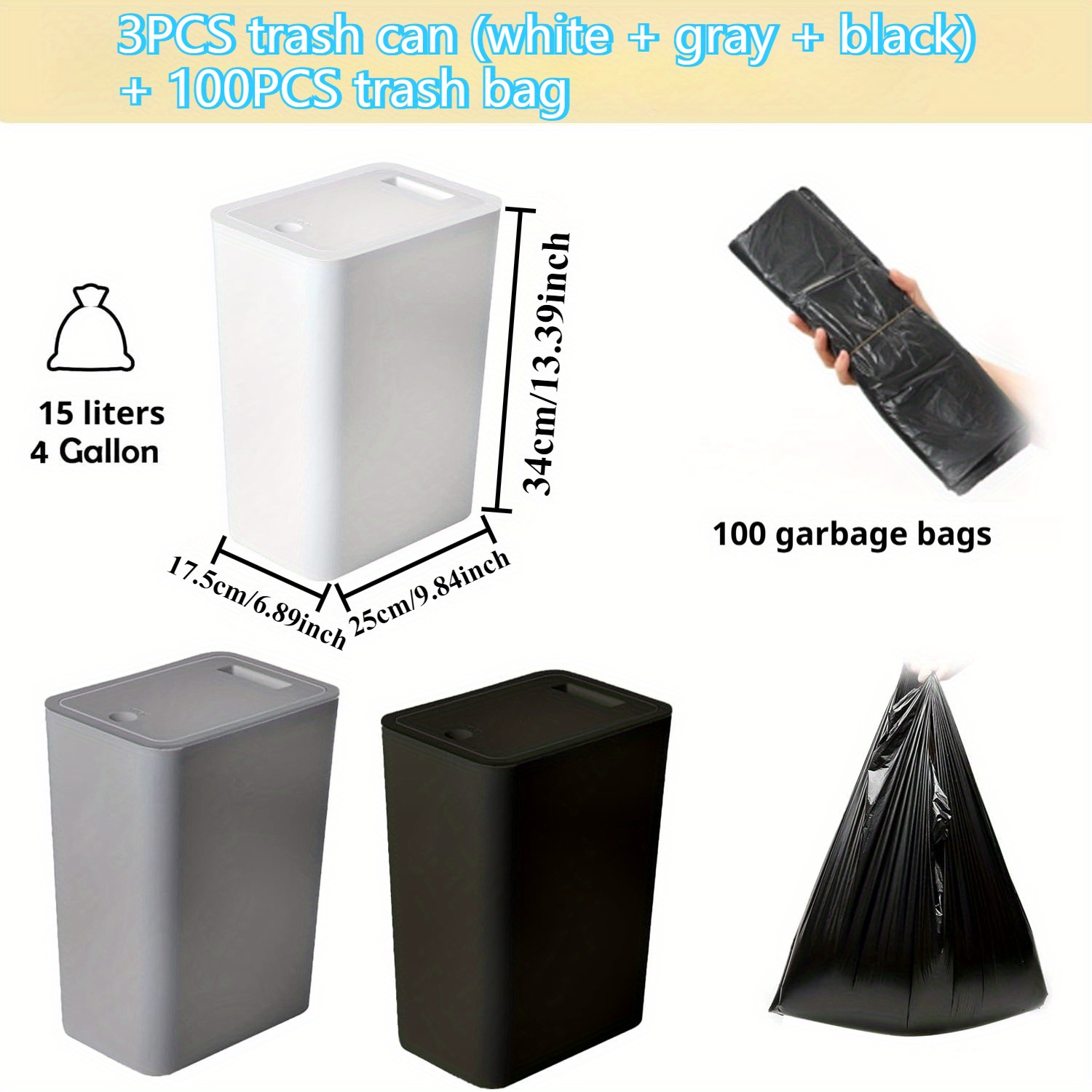 3 piezas de cubo de basura de 15L con tapa sellada, antideslizante, antiolor y silencioso, universal para baño, cocina, dormitorio, incluye más de 100 bolsas de basura gratis.
