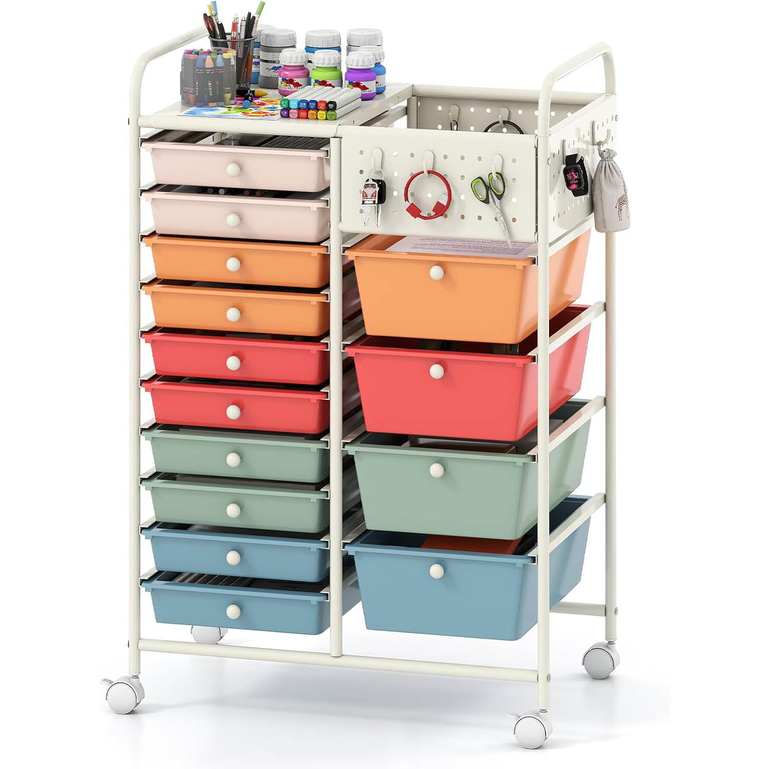 TEMU Chariot de Rangement Roulant à 14 Tiroirs avec Plateau en Métal et Panneau Perforé, Trolley de Rangement Utilitaire Mobile Robuste avec Roues de