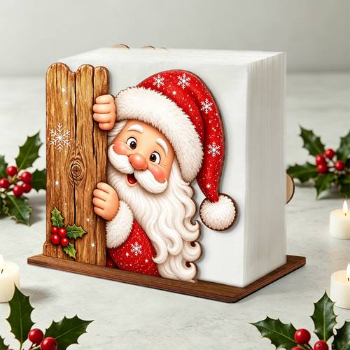 imagen del artículo servilletero de madera noel asomándose, bonita de pañuelos con diseño noel , de nieve y de , organizador de servilletas de escritorio para cocina , de mesa para de navidad
