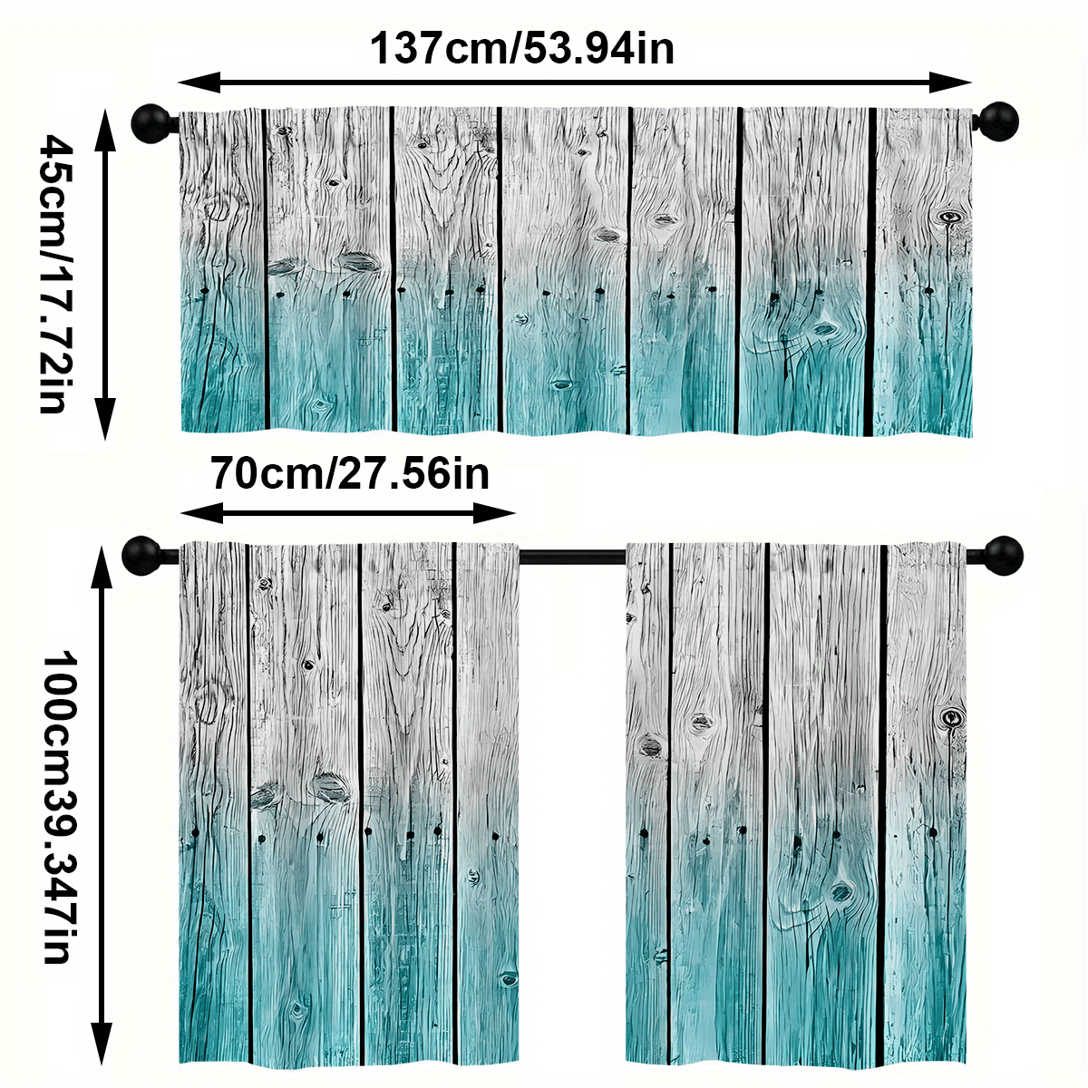 TEMU 3pcs/ Set Kitchen Curtain Sets, Blue And Gray Contrast Template Grain Print Curtain Set, Rod Pocket Valance Curtain Tier, 1 Valance/ 2 Cafe