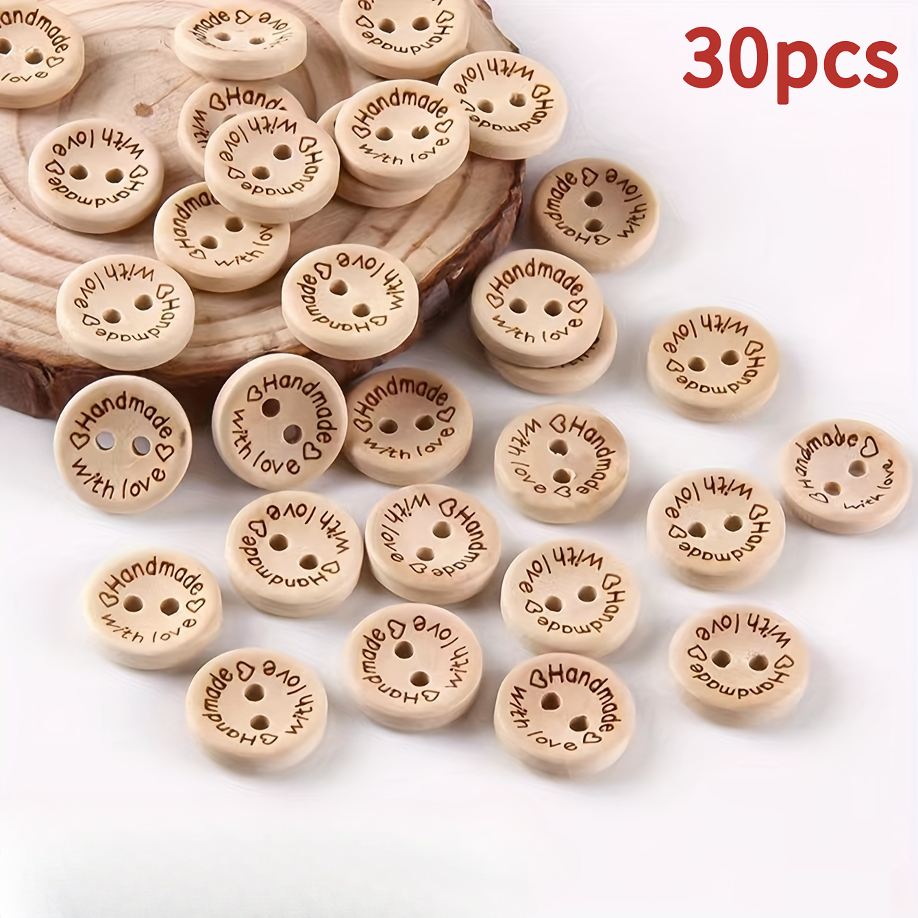 TEMU Handmade Sweater Buttons 30pcs - Cute Wooden Craft Buttons With 2 Holes And "handmade Love" Label For Sewing Clothing Additions, Craft Project