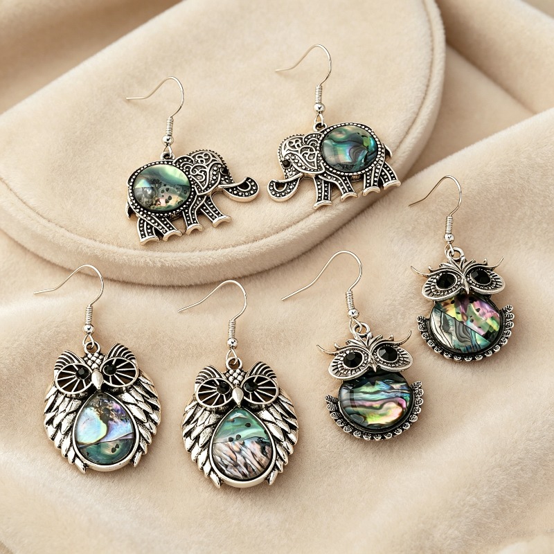 Bohemian Owl & Elephant Abalone Shell Earrings, Ethnic Style