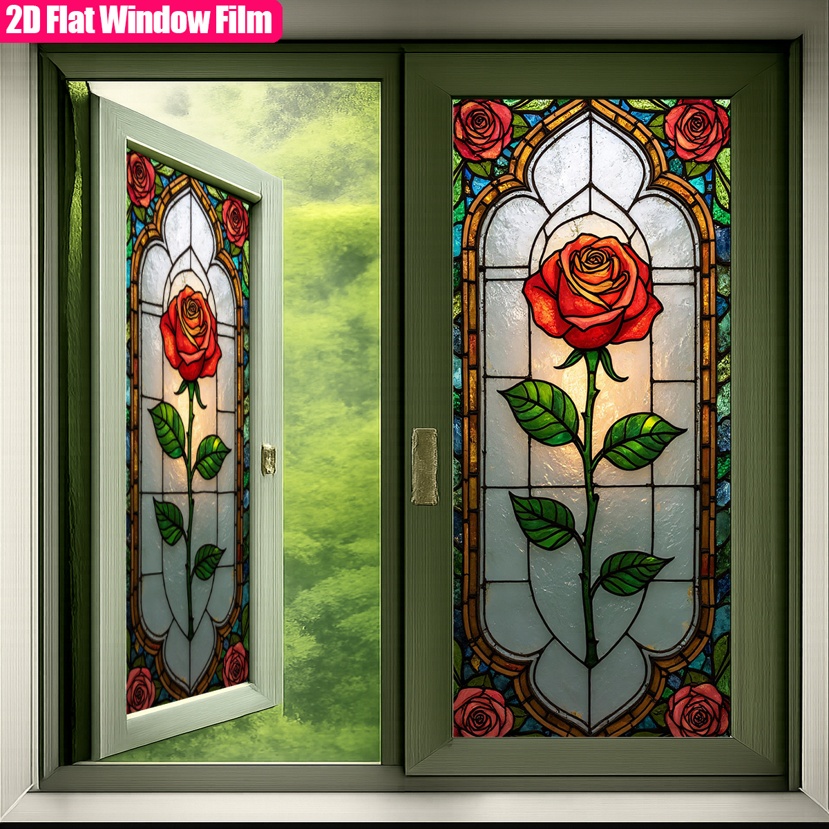 TEMU 1pc, Frosted Static Cling Pvc Window Film Elegant Rose Window Film Decorative Stained For Home Office Privacy Art Stained Glass Window Film