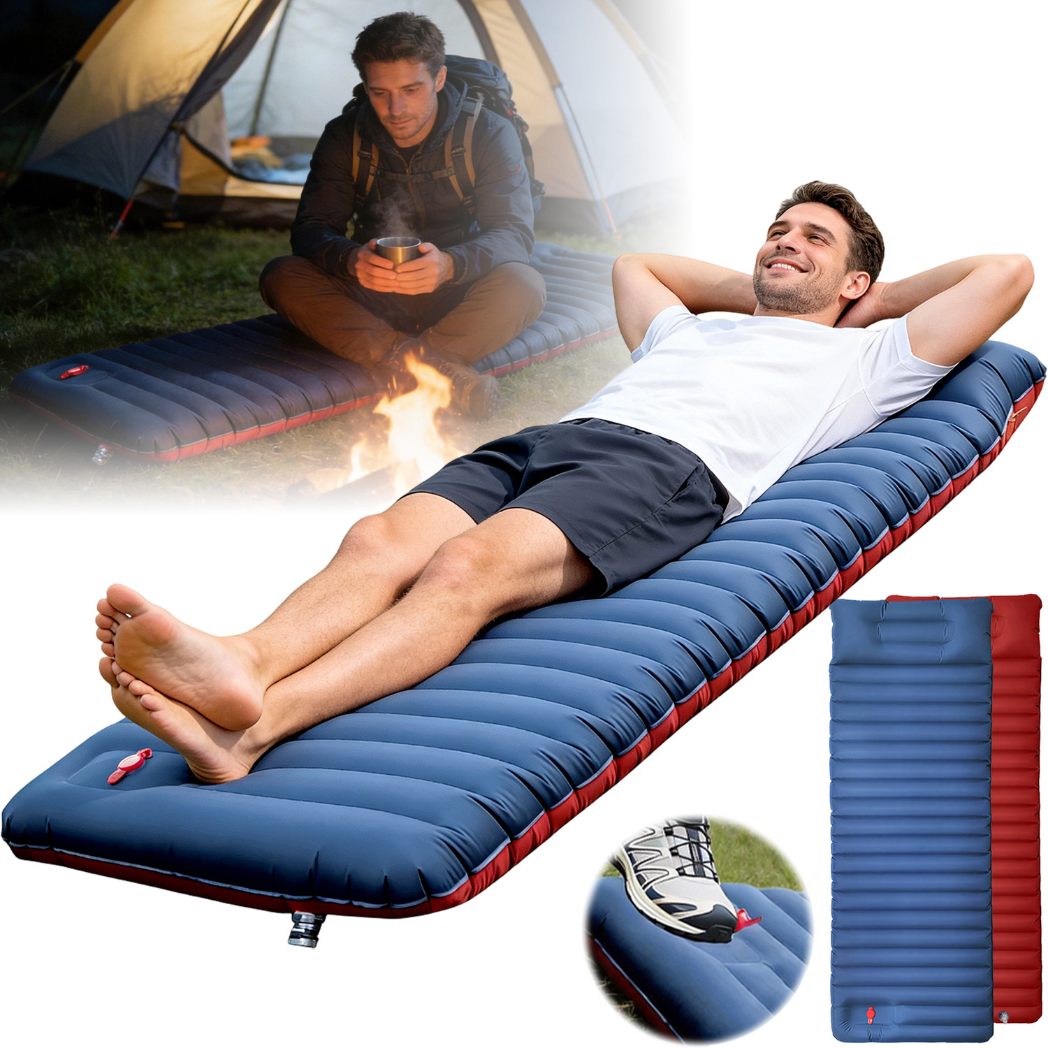 Camping Sleeping Pad, Ultra-thick Camping Mat With Pillow, Built-in Foot Pump Inflatable Sleeping Pads Compact For Camping Backpacking Hiking