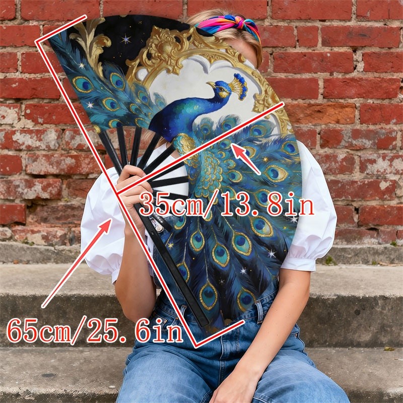 TEMU Men's Handheld Fan, 1pc, Polyester Material, (iridescent Blue & Golden Plumage), Portable For Outdoor/indoor Use, Luxurious Artistic