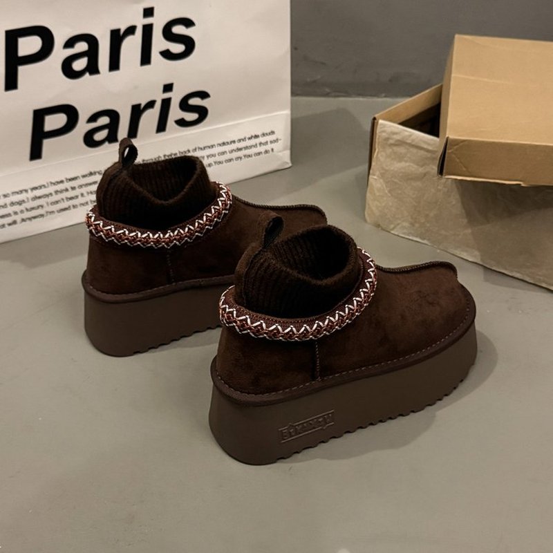 TEMU Platform Sole Winter Round Toe Short Boots With Rubber Pu Sleeves In Solid Color