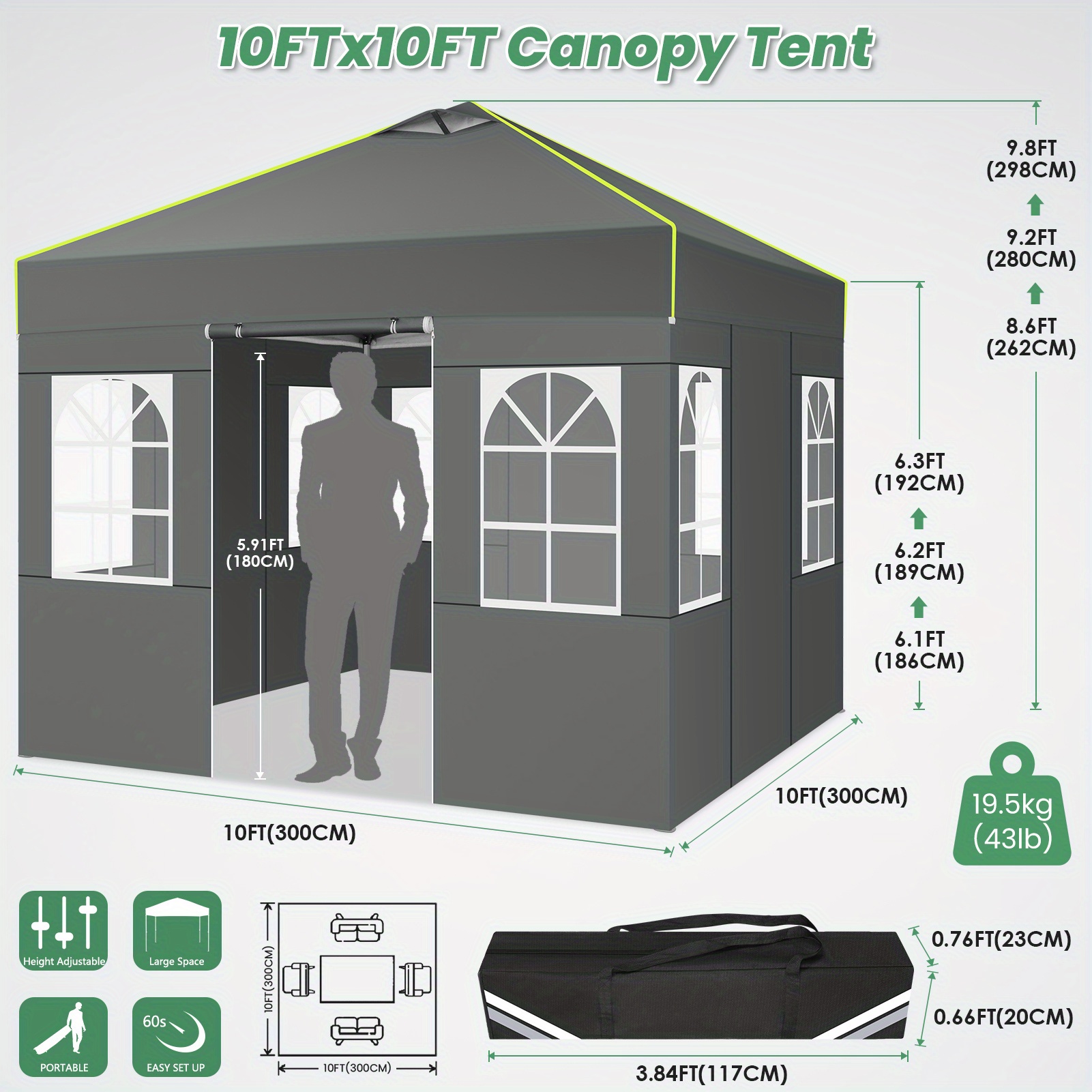 Image of 3x3m Pop Up Canopy Tent With 4 Removable Walls, Outdoor Event Gazebo With Storage Bag, Height Adjustable Party Tent With Vents For Camping Beach Festival Patio Garden