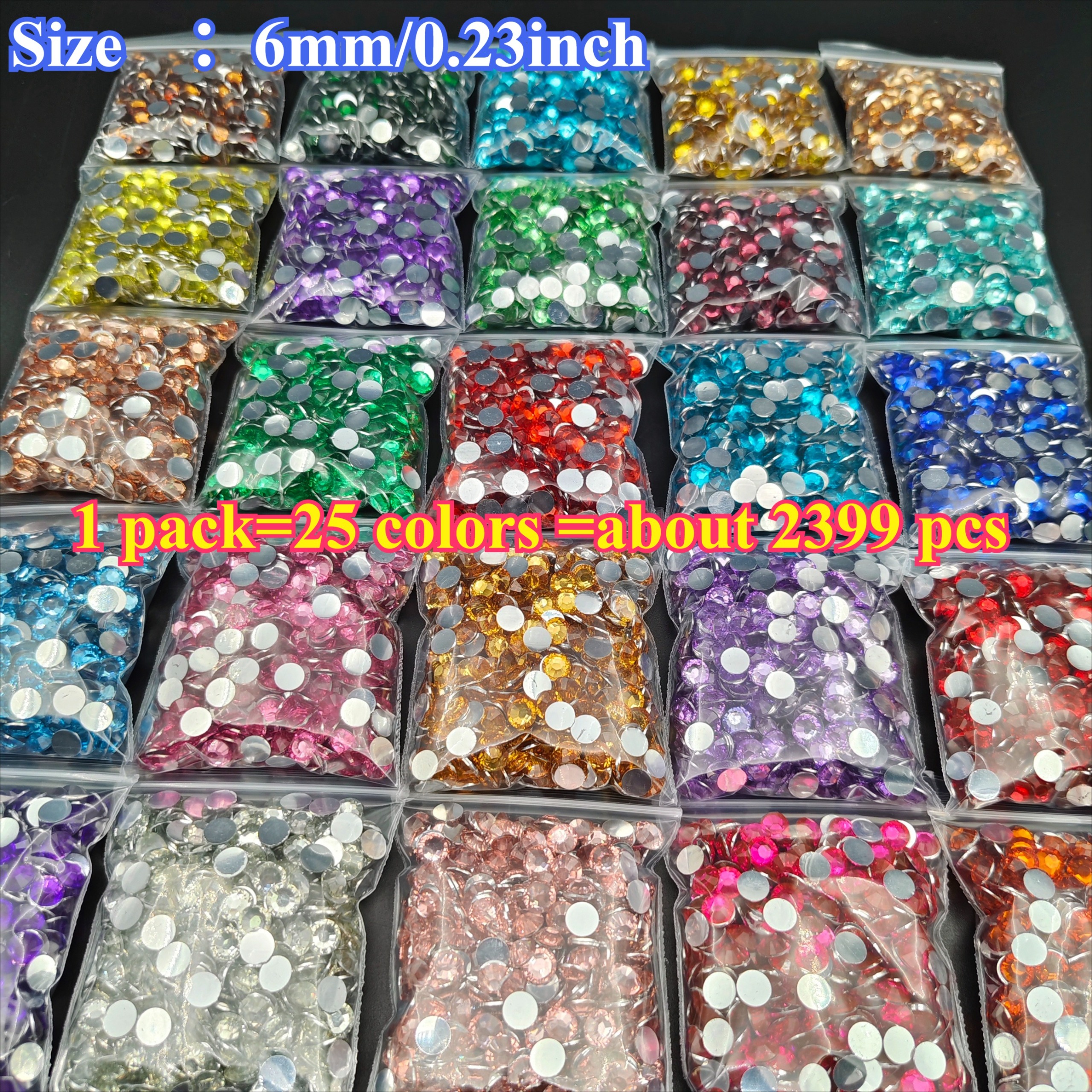 TEMU 122.5G/ 2399 25 Couleurs 6Mm Strass Ronds 5D en Résine pour Nail Art - Kit de , Strass Plats Argentés, Disponibles en 25 Couleurs avec 96pcs Par