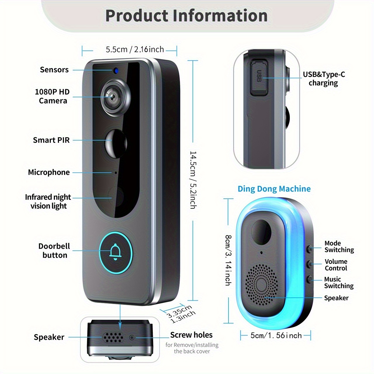 wireless video doorbell system with 2k hd security camera,  ° wide-angle view,   audio, motion detection alerts, night vision, instant recording, compatible with smartphones/tablets, usb-powered doorbell camera with wireless  , battery-powered with low voltage operation, ideal for front door/outdoor security monitoring,  ,   (black/blue) Product details 9