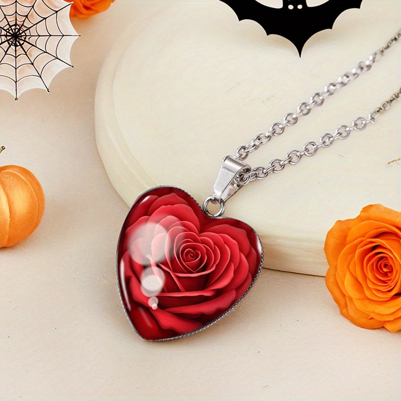 TEMU 1pc Romantic Red Shaped Necklace Glass Dome Penddant Handmade Men's Jewelry