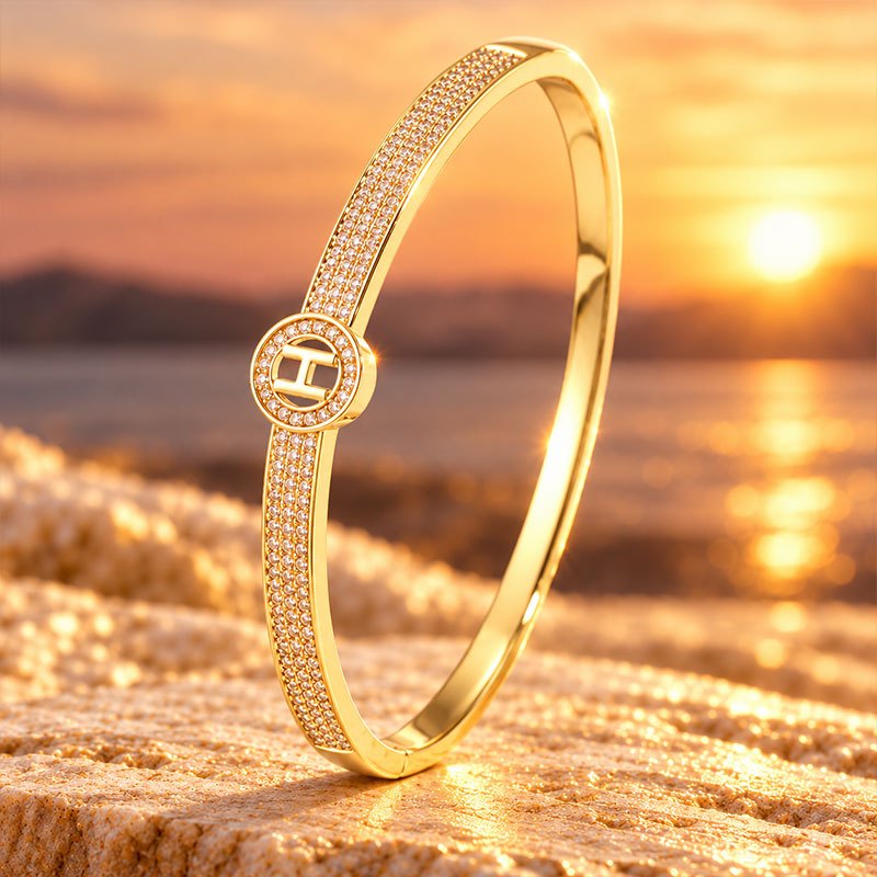 2pc Copper Double-Row Bangle & Stainless Steel Ring Set, Elegant Design