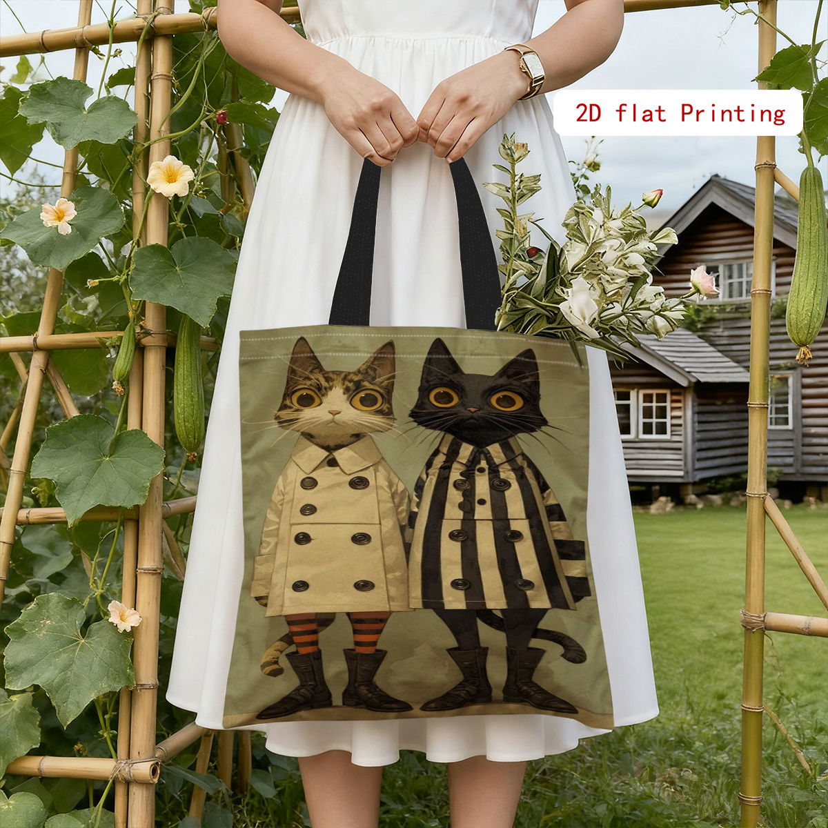 TEMU 1pc [tote Bag] New Bottom Vintage Striped Suit Cat Illustration Print, Suitable For Vintage Outfits, Bookstore , Literary Afternoon Tea, Vintage