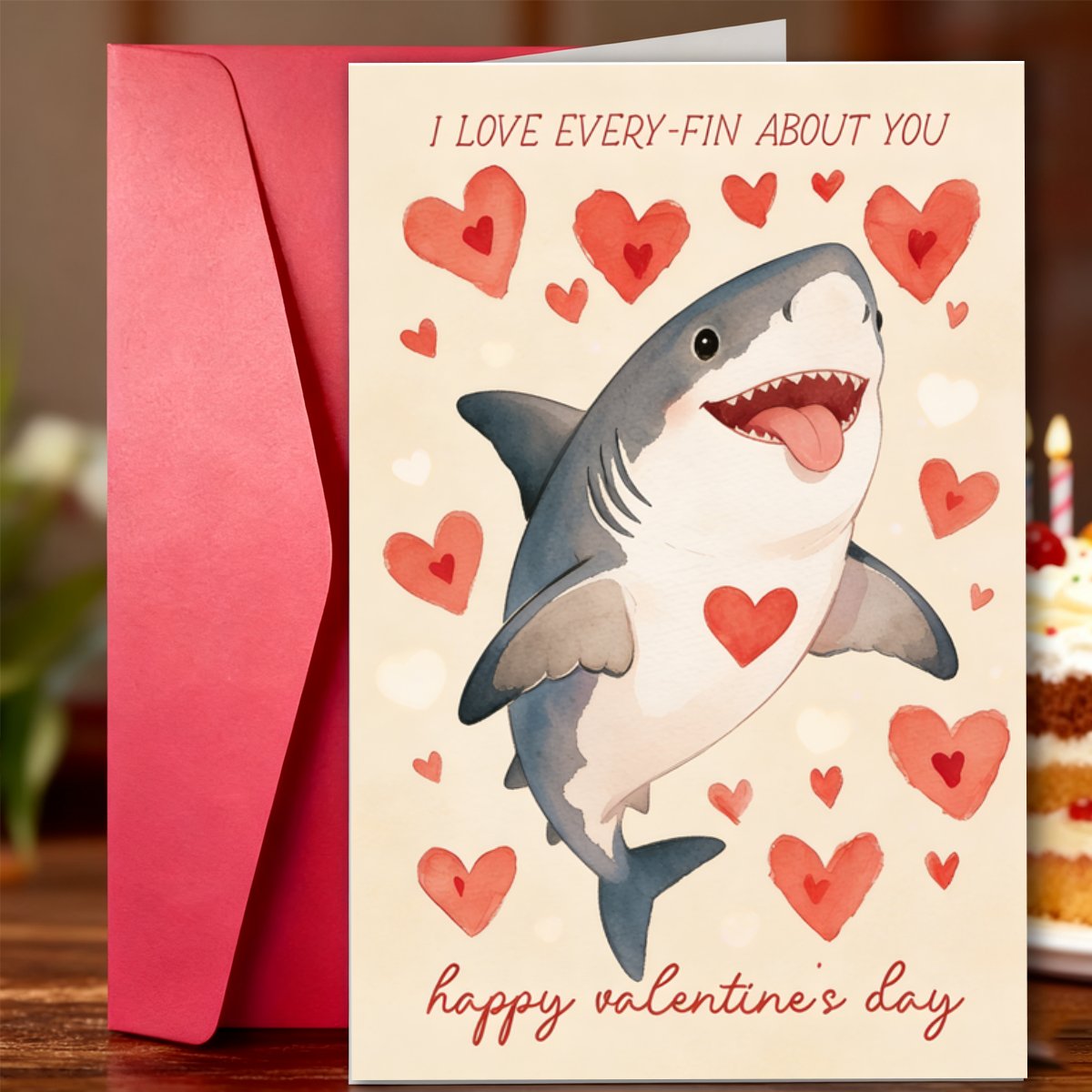 TEMU 1pc Cute Shark Valentine's Day Card With "i Love Fin About You" - Adorable Shark Holding Heart Eyes & Fins - Funny For -ages Greeting Card For