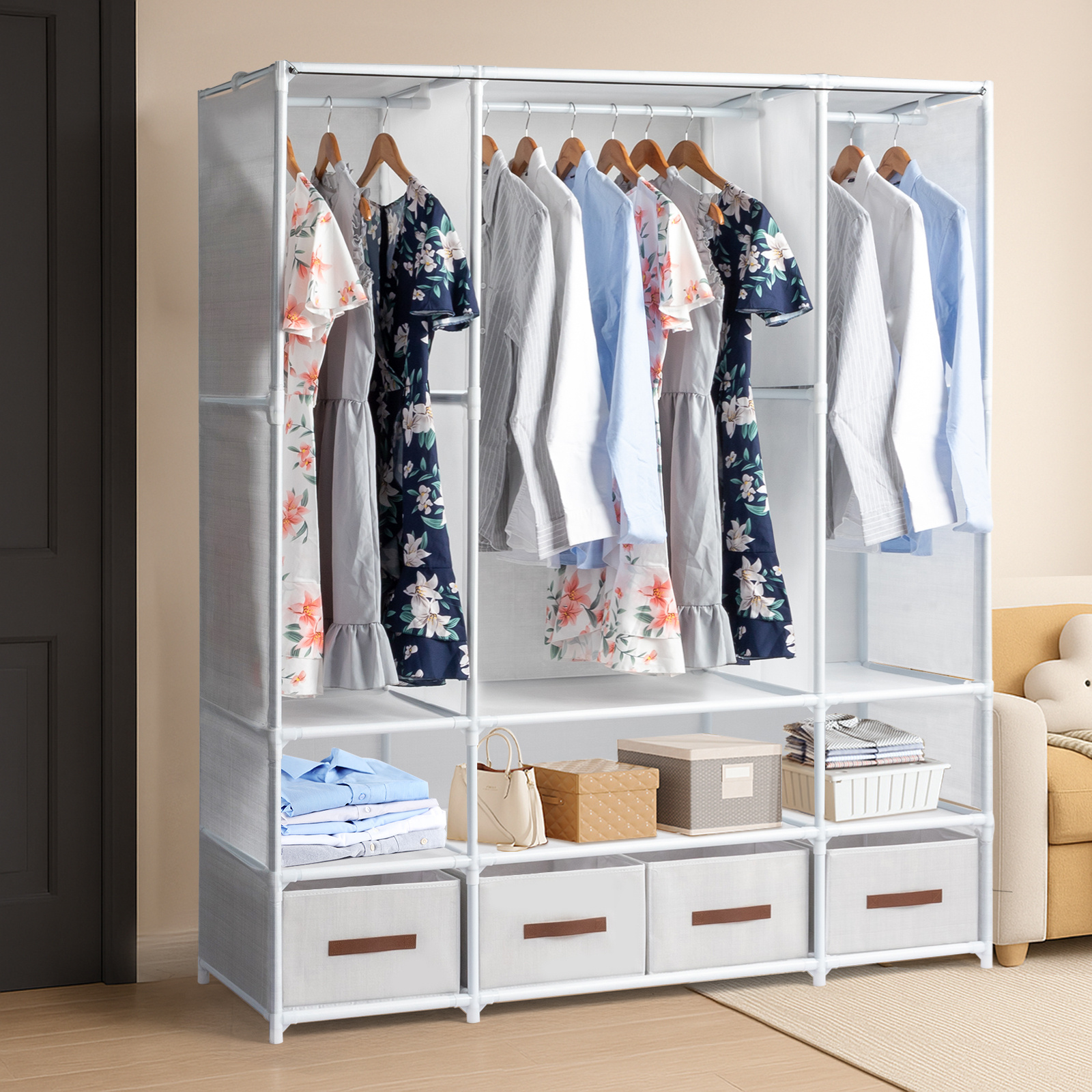 TEMU Armario Portátil con 4 Cajones, 4 Estantes y para Colgar, Organizador para Suéteres, Armario de Pie para Dormitorio, , Armarios Portátiles