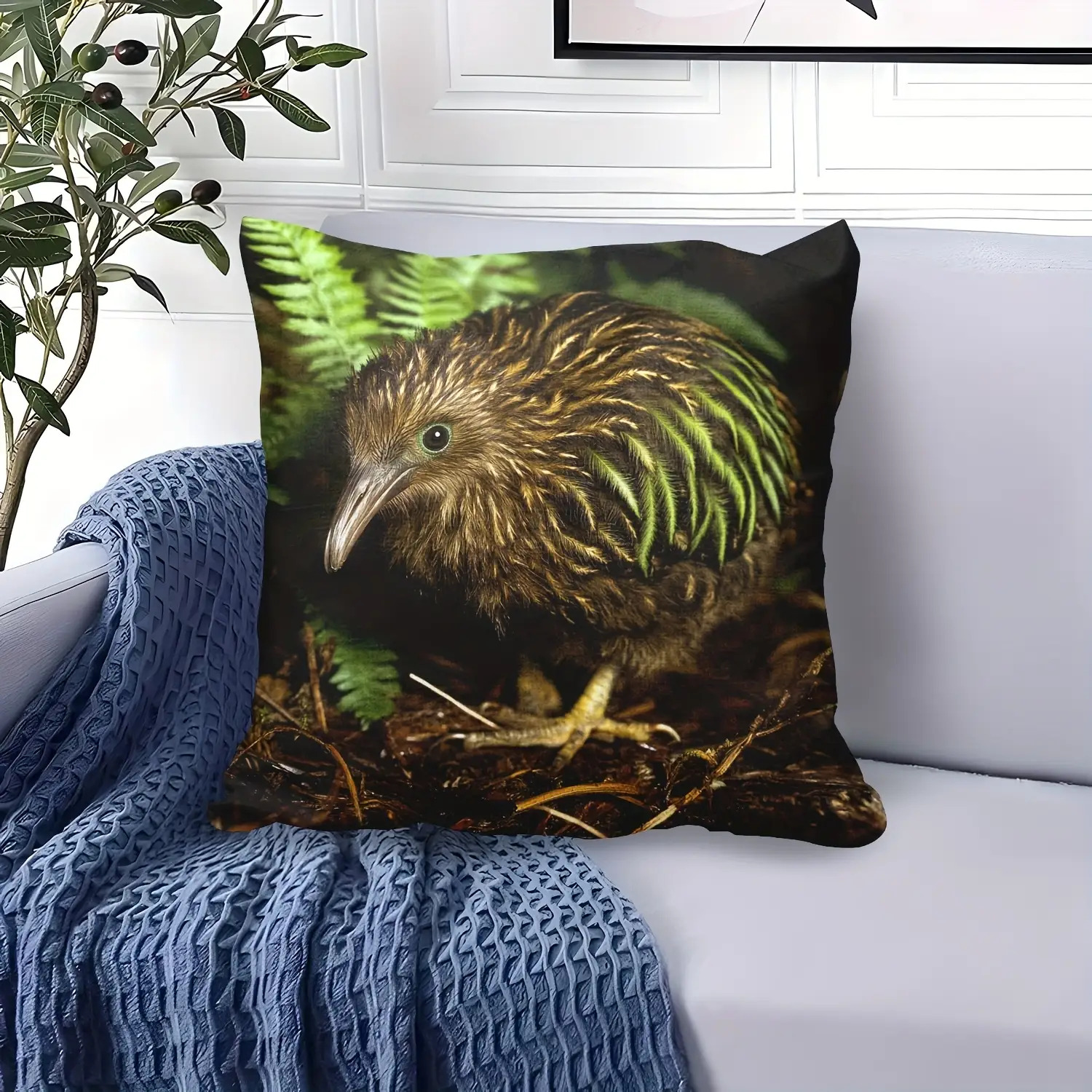 TEMU 2d Flat Printing Vintage Floral Bird Throw Pillow Cover, Zipper Closure, Machine Washable Polyester, Nature- With Kiwi Bird & Fern Leaves, Sofa,