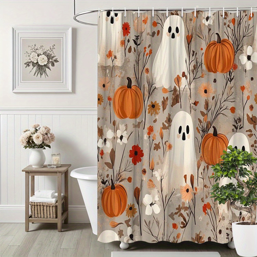 TEMU 1pc For Halloween Shower Curtain - Spooky Cute , Vibrant Pumpkins & Autumn Floral Bathroom Decor - Extra Long 70x70 Inches - Machine Washable