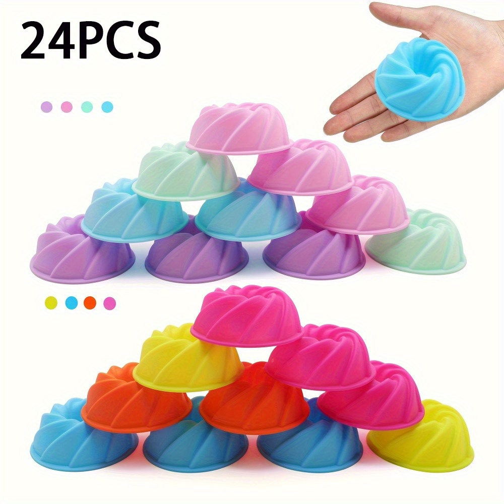 Image of 24pcs Set Silicone Mafen Cup, Cake Mold, Mini Fluted Cake Cups, 2.5 Inch Spiral Silicone Molds, Heat Resistant Bakeware For Bagel, Muffin, Jelly And Cake Baking