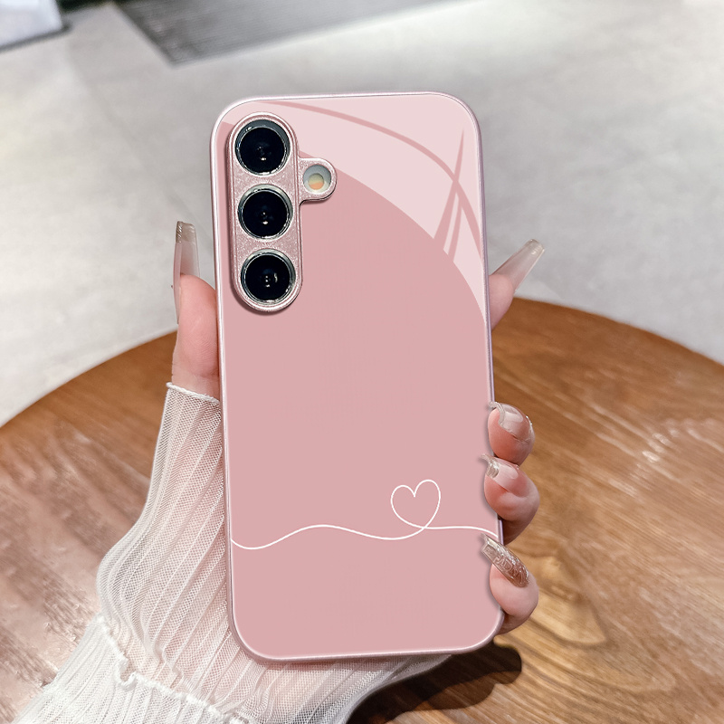 TEMU Phone Case - Pink Background With White Heart-shaped Line Pattern Glass Phone Case For Galaxy