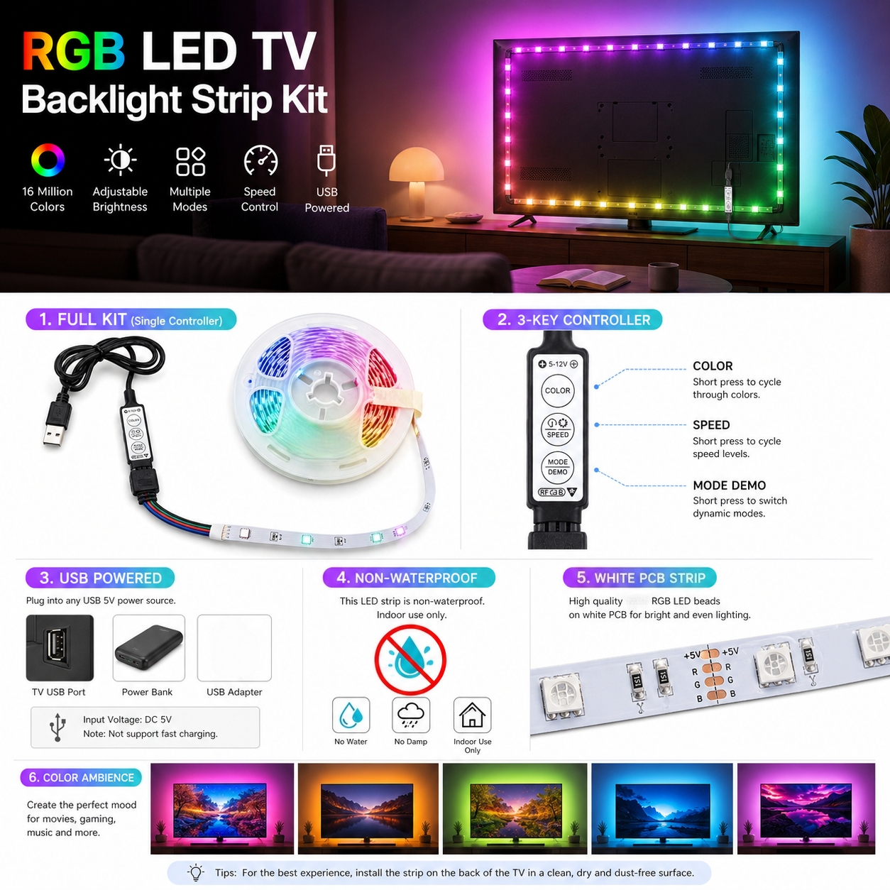 Dynamic Color Sync RGB LED Strip with USB Multi-Control