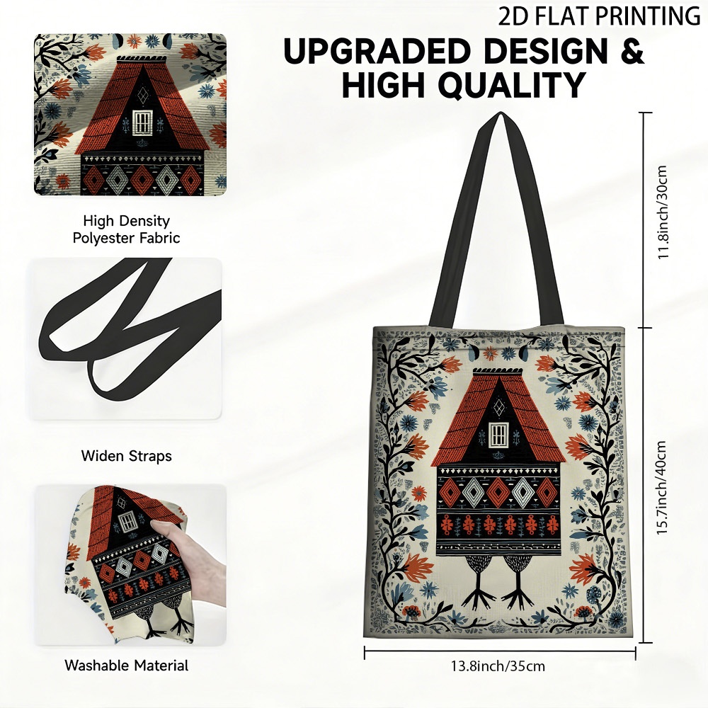 TEMU (2D Flat) 1 Stück Halloween Baba Yaga Hut Tragetasche, Robuste Canvas-Tragetasche mit großem Fassungsvermögen, für tägliche Einkäufe, Shopping