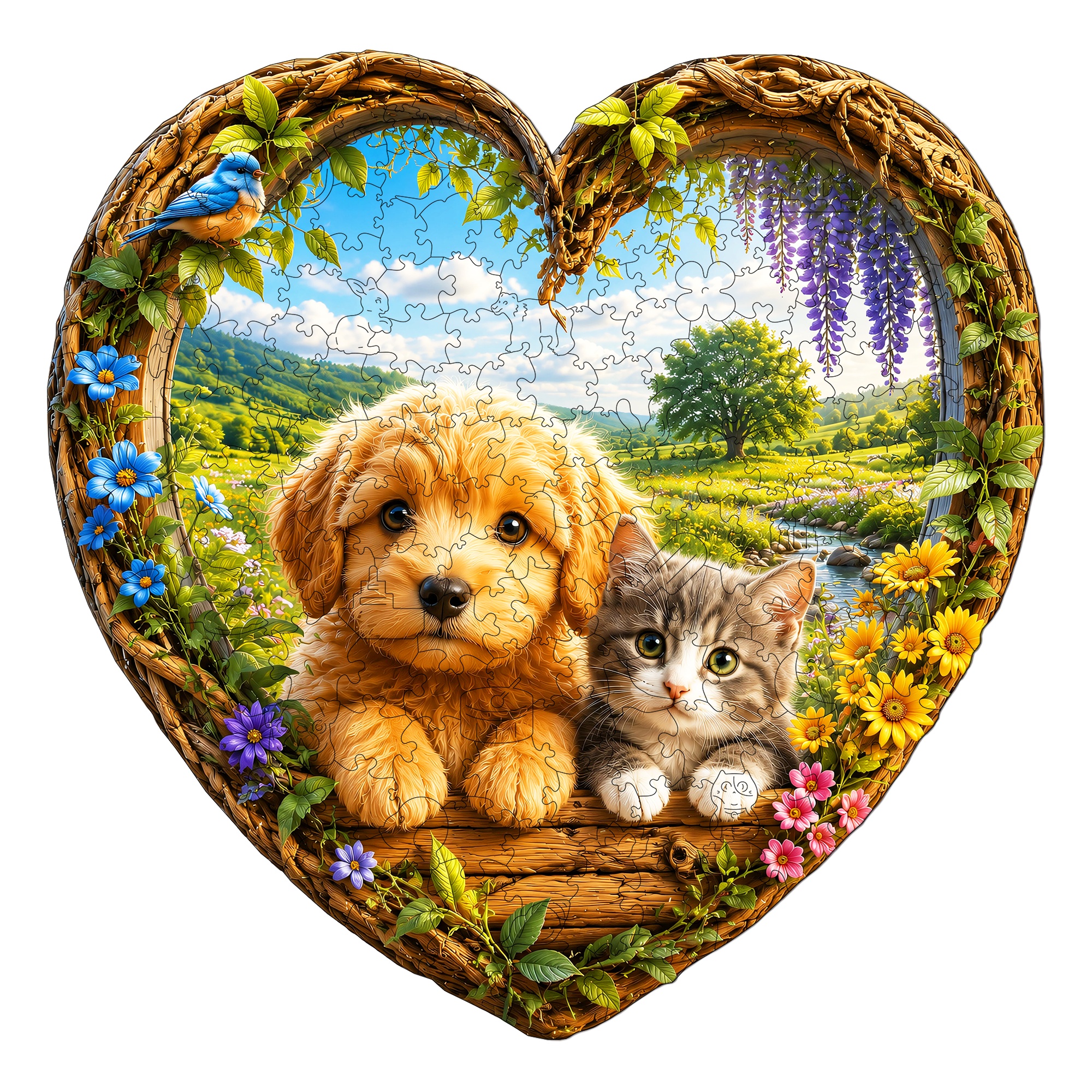 Puppy and Kitten Garden Scene Flat Wooden Puzzle for Kids