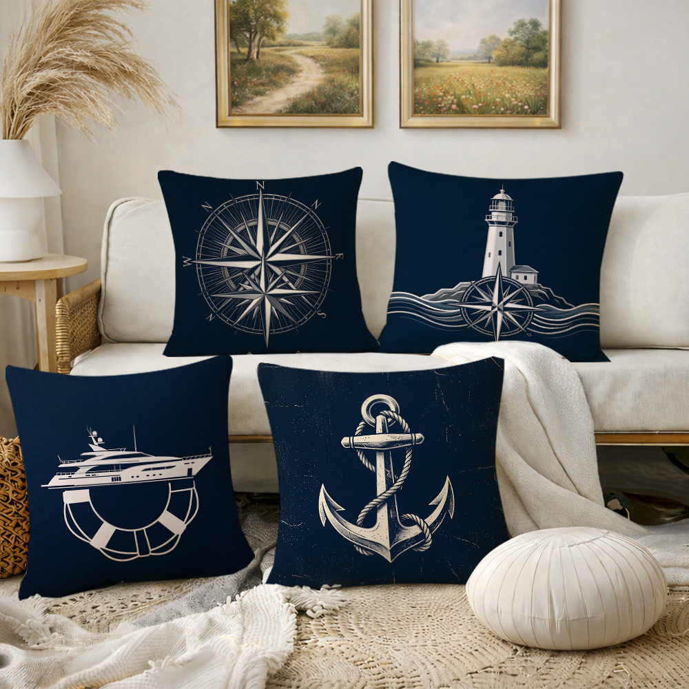TEMU 4pcs Throw Pillow Covers, Decorative Cushion Cases, Nautical [anchor, Compass, Yacht, Lighthouse] With White Accents, Dark Blue Tone. Versatile