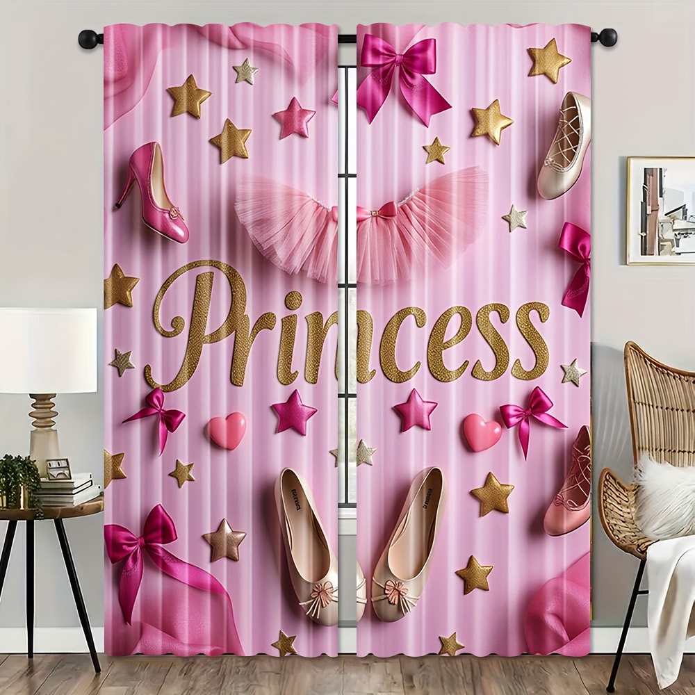 imagen del artículo 2d   - 2d   - juego de 2 piezas,   de princesa con zapatos de ballet, decoración de estrella y  , cortinas de poliéster estampadas en rosa y dorado, diseño   para barra,   para dormitorio,   y  