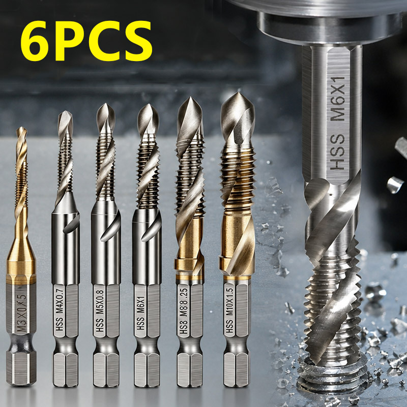 TEMU 6pcs Hss Drill Tap Bit Set For M3 M4 M5 M6 M8 M10 Threading, 1/4" Hex Shank, Durable Metalworking Tool For, Workshop And Machine Screw