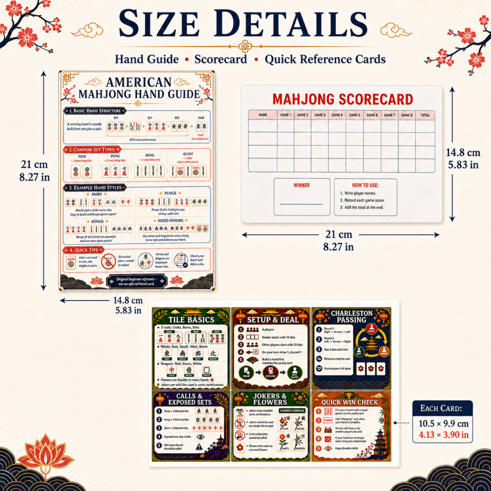 TEMU 8pcs American Mahjong Guide Set, 1 Mahjong Hand Guide, 1 Mahjong Scorecard, 6 Quick Reference Cards, Beginner Mahjong Rules Cheat Sheet, Score ,