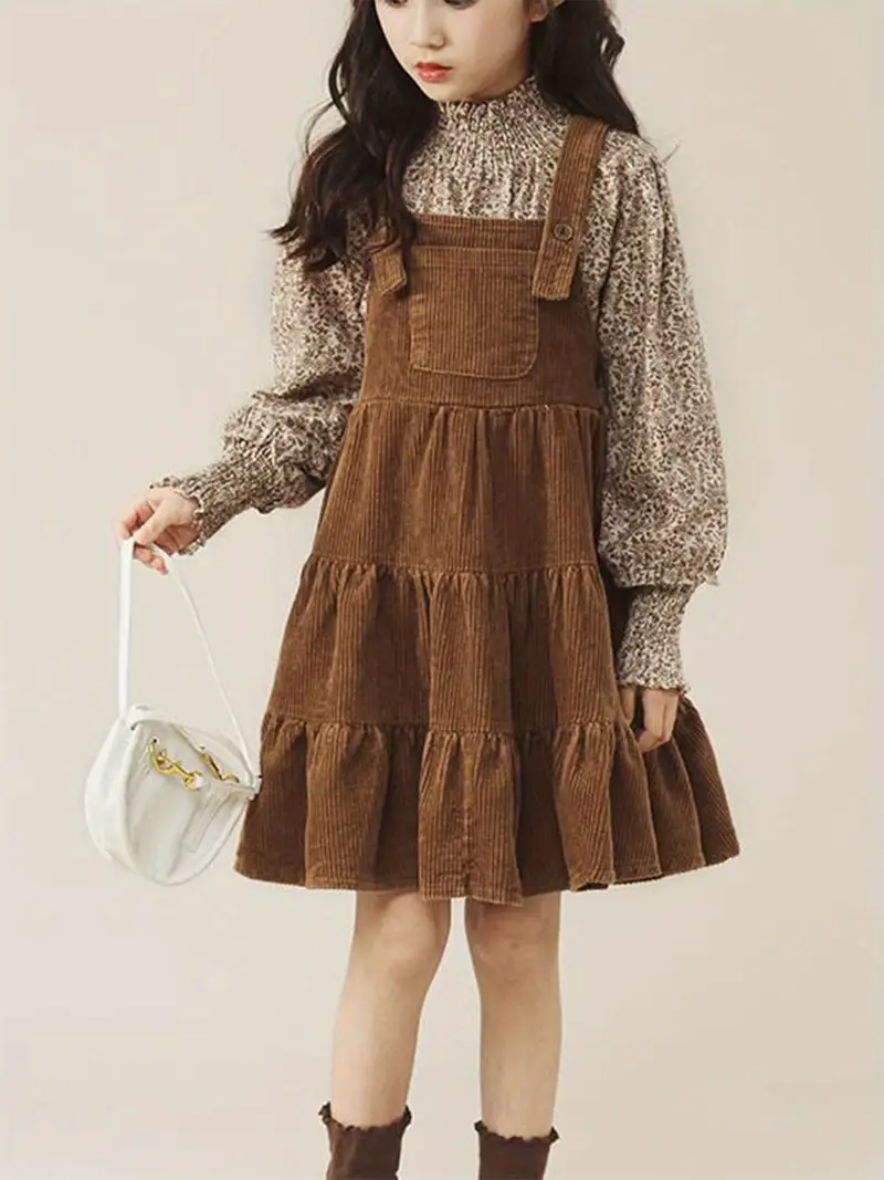 2025 retro long sleeve floral shirt overall skirt two piece set trendy skirt sets for girls and autumn Product details 3