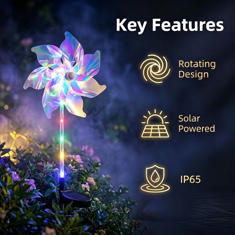 TEMU Solar-powered Rotating Windmill Light, Garden Decorative Light, 360° Rotating Windmill Light That Spins With The Wind, Rgb Color-changing