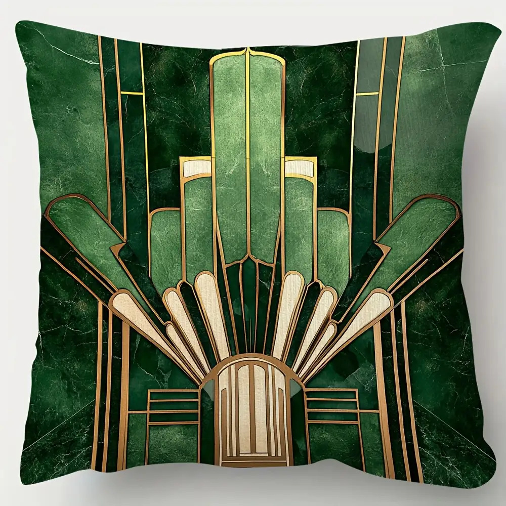 TEMU 1pc Luxury Green & Art Deco Double-plush Throw Pillow Cover - 45x45cm/1.8" Zippered Cushion Case, Traditional Sofa Bed Decor, Elegant Green &