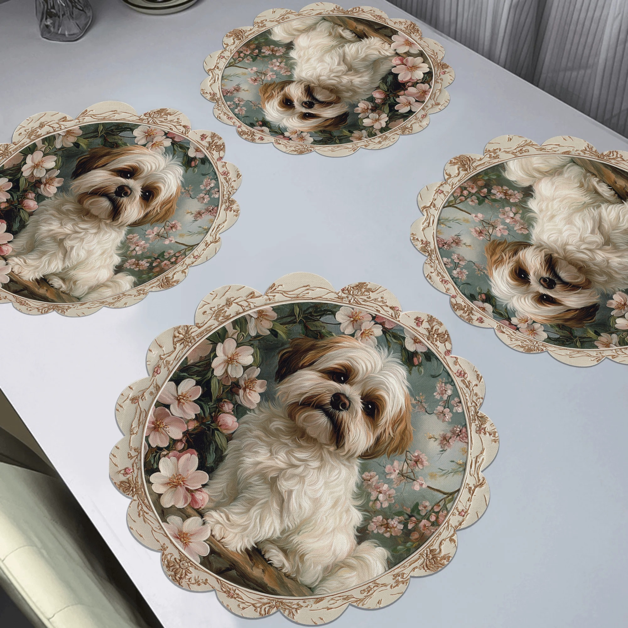 

4pcs Shih Tzu & Cherry Blossoms Pattern Round Waves Placemats, Spring Placemats, Non-slip Knit Fabric Table Mats, Heat Resistant, Only, Decor For Dining & Party - 15