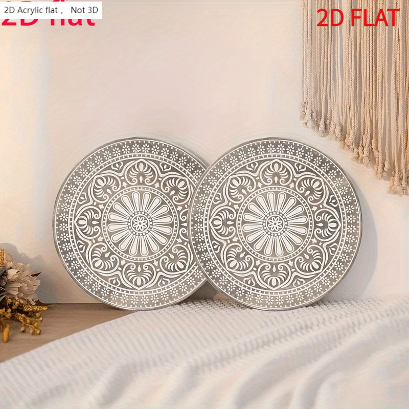 TEMU 2pcs Gift 2d Flat Printing, Round Bohemian Style Wooden Trays With Exquisite Floral And Geometric Patterns - Rustic Farmhouse Decor For Coffee