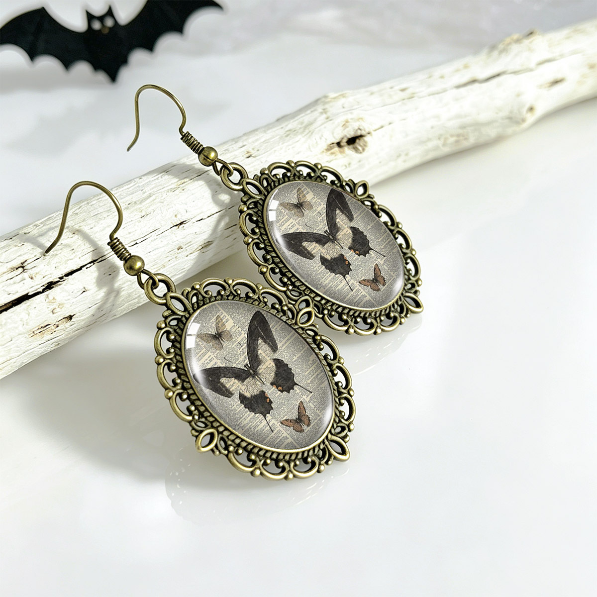Vintage Openwork Lace Time Earrings, Black Butterfly Illustration
